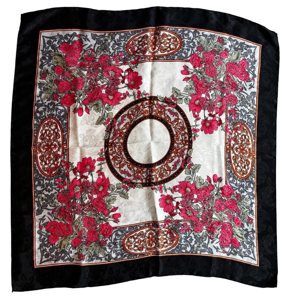 Textured silky brocade scarf large square pink cream black floral border print